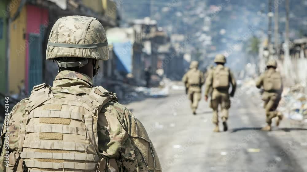 Soldiers in Duty: A squad of soldiers in military uniform and helmet on a mission in the midst of war, with the determination to complete the mission. Capturing the strength and spirit of courage.