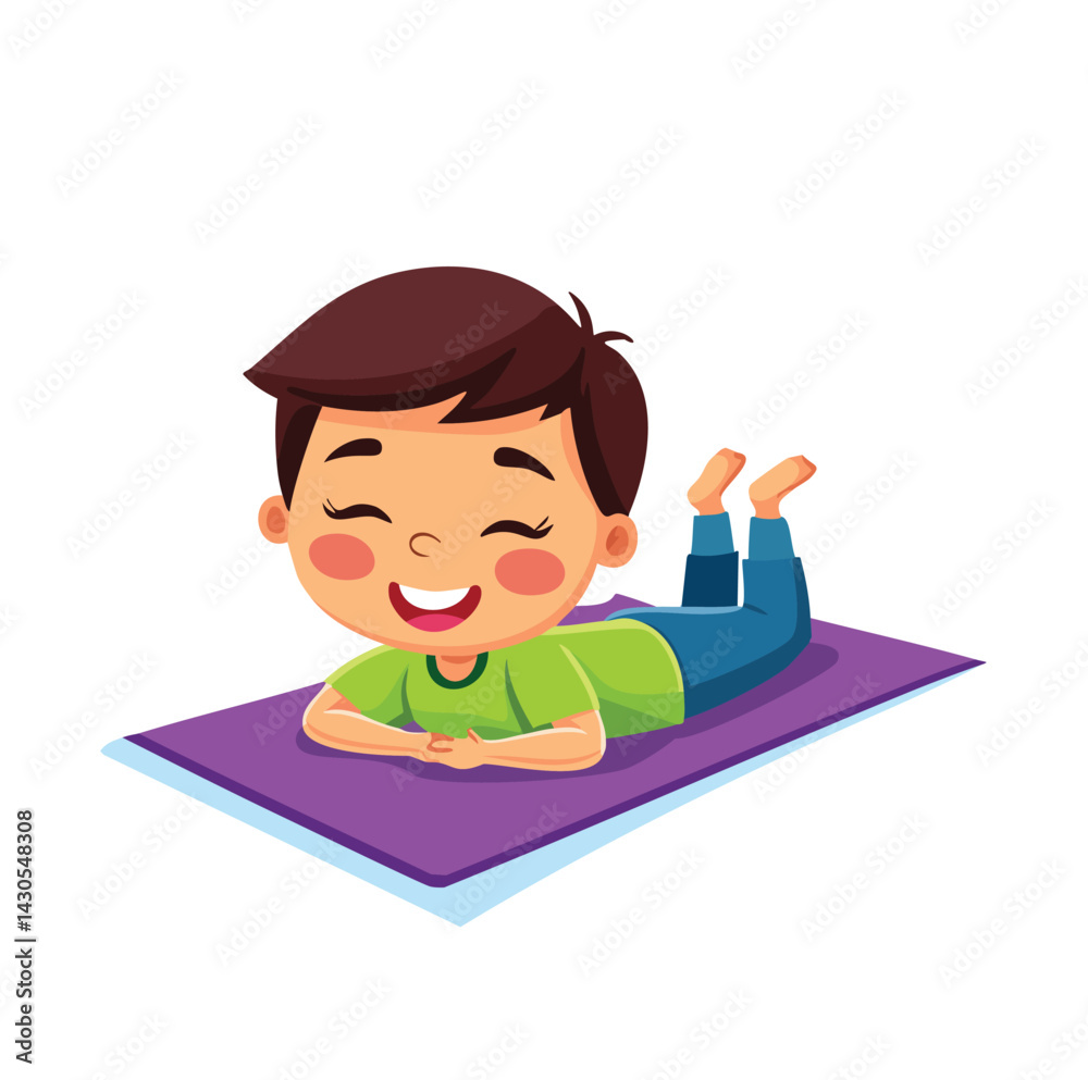 Happy Boy Lying on Yoga Mat Smiling Happy Boy Lying on Yoga Mat Smiling