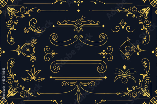 This ornate vintage design features a golden frame with floral decoration and calligraphic elements on a vintage background
