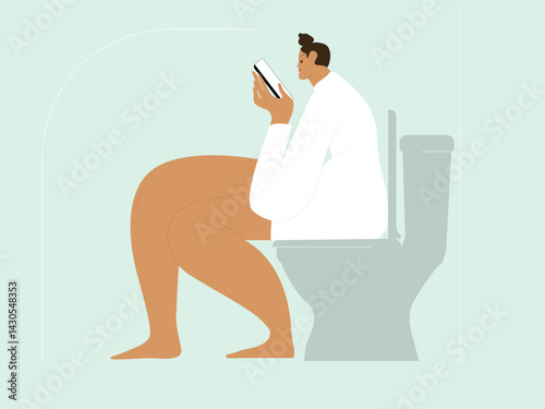 Woman sitting on toilet holding smartphone. Woman in toilet, mobile phone in hand. Girl sitting in home toilet, closet, closet with gadget. Flat vector illustration.
