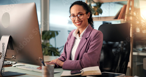 Computer, portrait and smile with business woman at desk for investment or portfolio management. Agenda, finance and report with happy stock market broker in workplace for strategy development