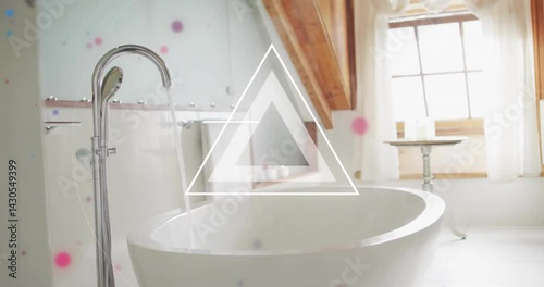 Glowing circle graphic floating above attic bathroom, scattering pink blue and purple dots over tub