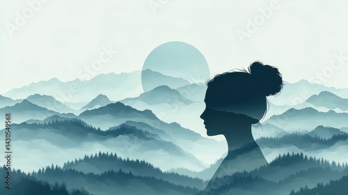 Silhouette of a young woman surrounded by tranquil mountain landscapes at dawn.