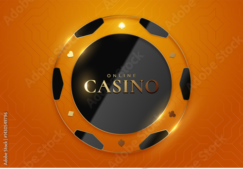 Stylish golden poker chip with Online Casino text on bright orange background. Premium vector concept for gambling UI, luxury casino ads, and mobile games