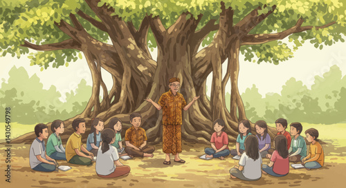Educational outdoor classroom scene featuring a teacher with students under large tree