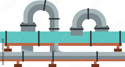 Industrial pipeline system with metal pipes and blue horizontal tubing vector illustration 