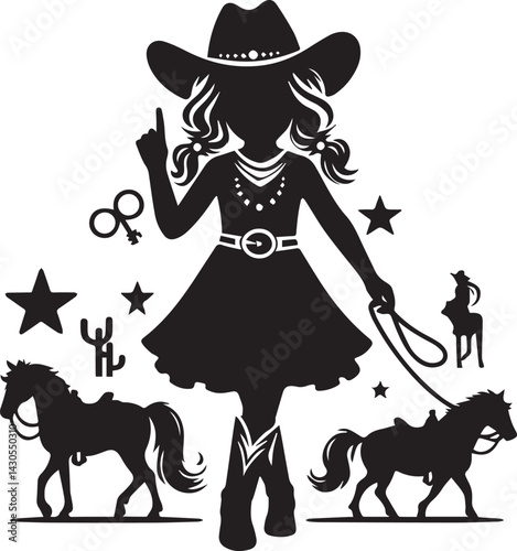 little girl cowboy silhouette vector, little girl cowboy  logo vector illustration