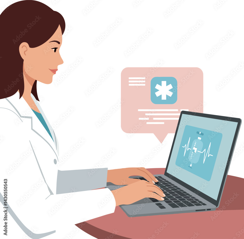 Female Doctor Using Laptop for Medical Data Analysis in Clinical Setting Female Doctor Using Laptop for Medical Data Analysis in Clinical Setting
