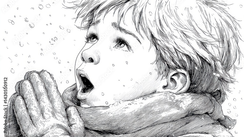 Child in winter wonder snowy landscape emotional illustration outdoor portrait awe and wonder