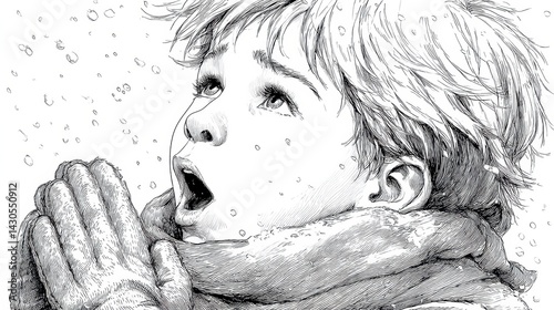 Obraz na płótnie Child in winter wonder snowy landscape emotional illustration outdoor portrait awe and wonder w salonie