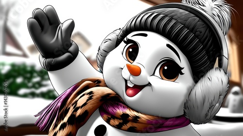 Cheerful snowy winter character greeting outdoor setting digital illustration fun atmosphere playful perspective