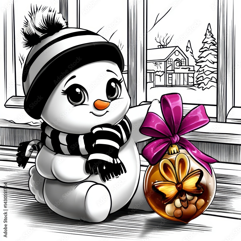 Festive snowman with gift cozy indoor setting illustration winter wonderland playful perspective holiday spirit