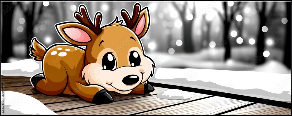 Adorable cartoon deer playing in snowy forest animated illustration winter wonderland whimsical scene