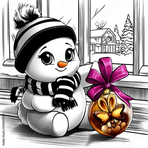 Obraz na płótnie Festive snowman with gift cozy indoor setting illustration winter wonderland playful perspective holiday spirit w salonie