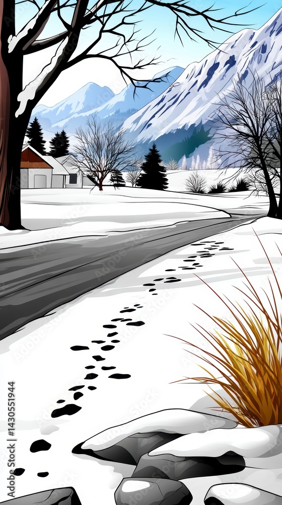 Winter adventure footprints snowy valley digital illustration serene landscape eye-level view exploration concept