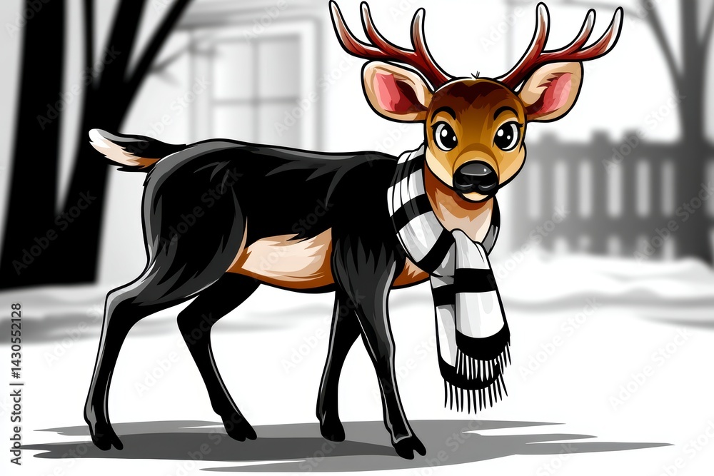 Playful cartoon deer wearing a scarf in a winter landscape animation nature cheerful environment