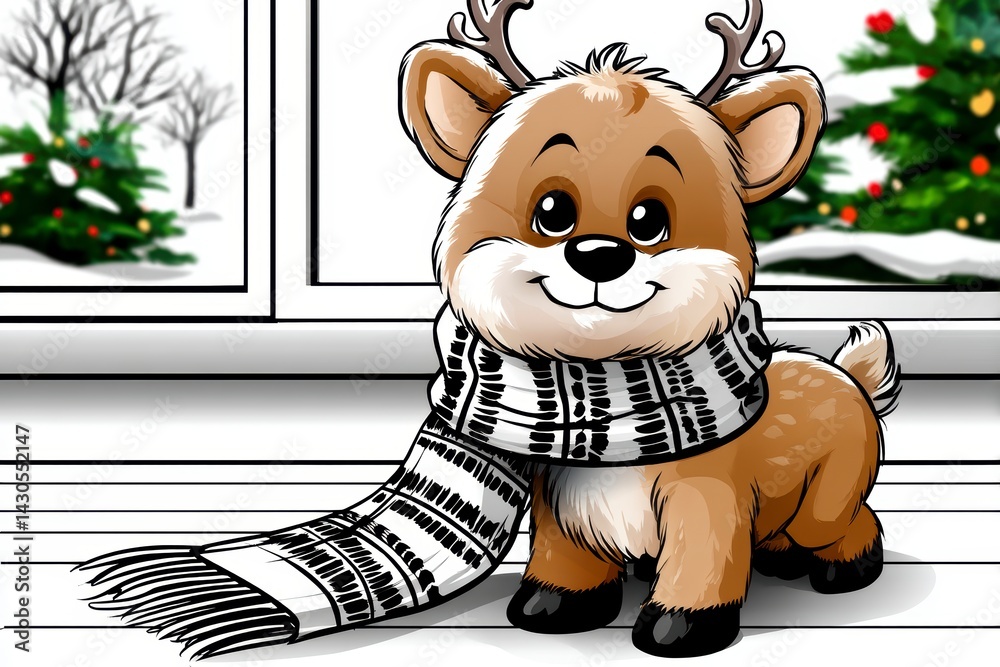Cute cartoon reindeer in a cozy indoor setting holiday decor cheerful atmosphere playful viewpoint