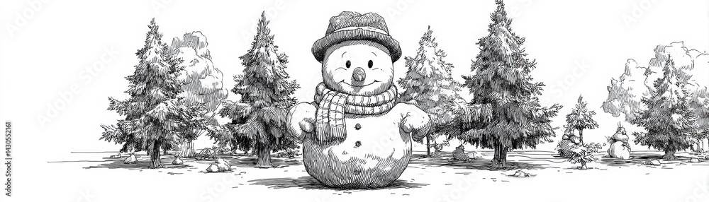 Building a snowman in a winter forest nature scene black and white art outdoor artistic view