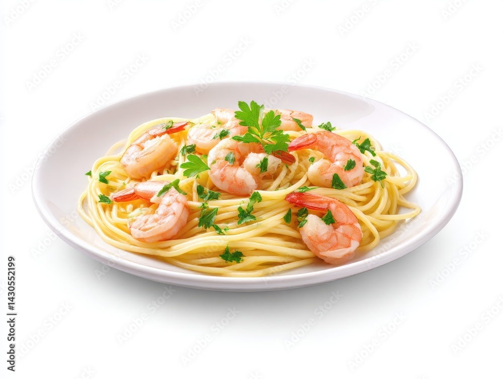 Shrimp pasta with parsley garnish isolated on white background Shrimp pasta with parsley garnish isolated on white background