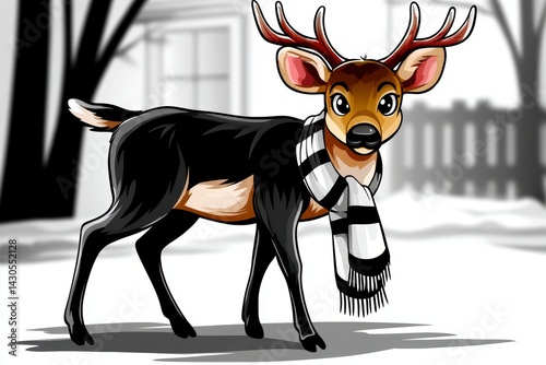 Obraz na płótnie Playful cartoon deer wearing a scarf in a winter landscape animation nature cheerful environment w salonie