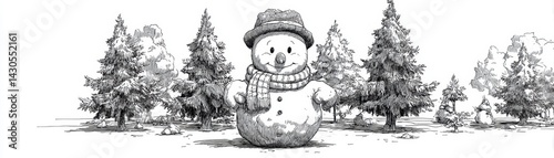 Obraz na płótnie Building a snowman in a winter forest nature scene black and white art outdoor artistic view w salonie