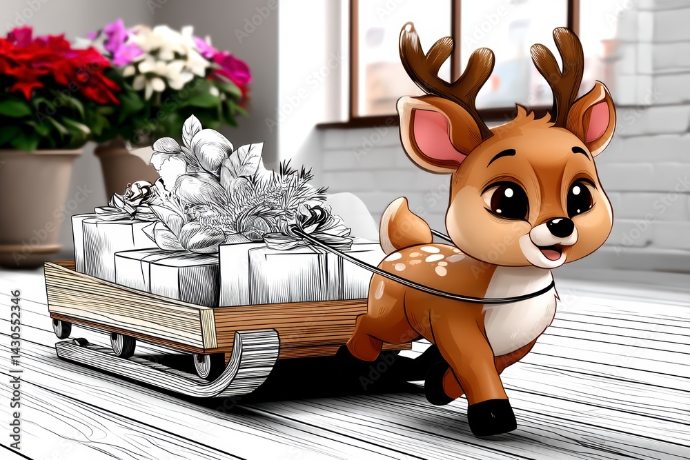 Joyful cartoon deer pulling presents in a cozy indoor setting illustrative artwork whimsical concept