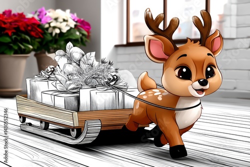 Obraz na płótnie Joyful cartoon deer pulling presents in a cozy indoor setting illustrative artwork whimsical concept w salonie