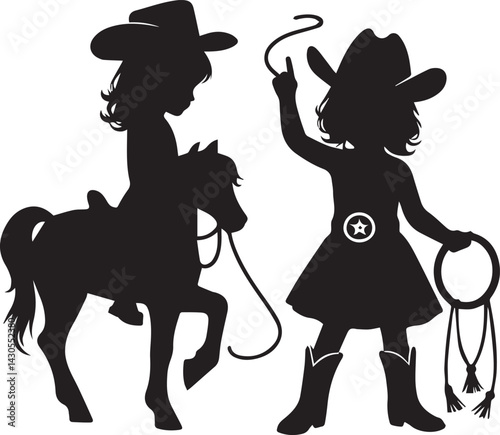 little girl cowboy silhouette vector, little girl cowboy  logo vector illustration