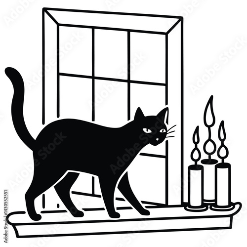 Black cat silhouette walking along a windowsill with candles glowing inside