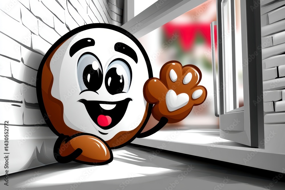 Friendly cartoon cookie character waving bakery setting digital illustration cheerful vibes eye-level view fun concept