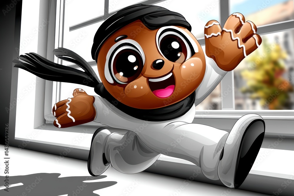 Cheerful cartoon character running playfully indoor setting digital artwork bright environment low angle view joyful concept
