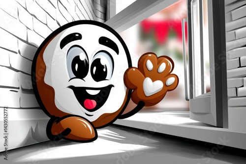 Obraz na płótnie Friendly cartoon cookie character waving bakery setting digital illustration cheerful vibes eye-level view fun concept w salonie