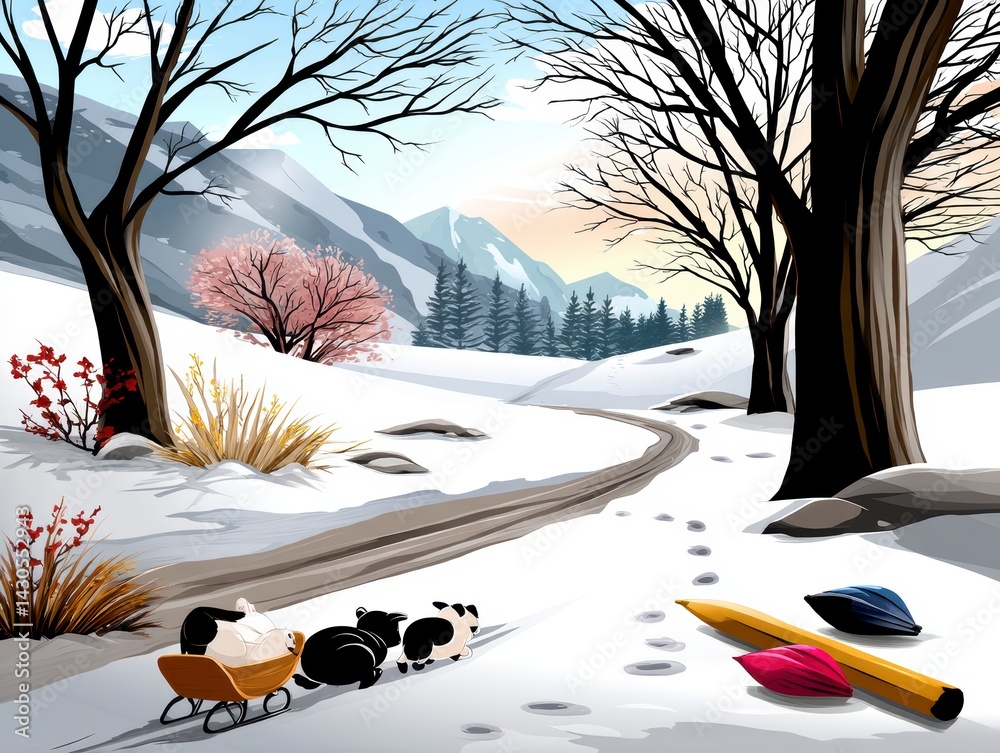 Winter adventure animals playing in the snowy landscape serene mountain environment colorful viewpoint