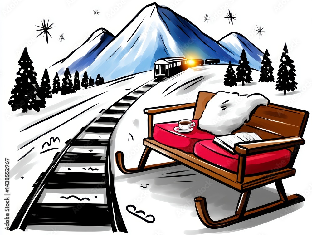 Winter train journey mountain landscape digital illustration cozy environment scenic view outdoor adventure