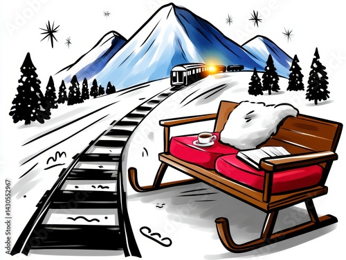 Obraz na płótnie Winter train journey mountain landscape digital illustration cozy environment scenic view outdoor adventure w salonie