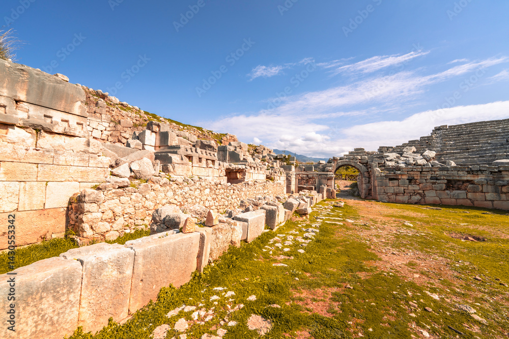 Fototapeta premium Xanthos or Xanthus Letoon which was the capital of Lycia, illustrates the blending of Lycian traditions and Hellenic influence, especially in its funerary art. The epigraphic inscriptions are crucial
