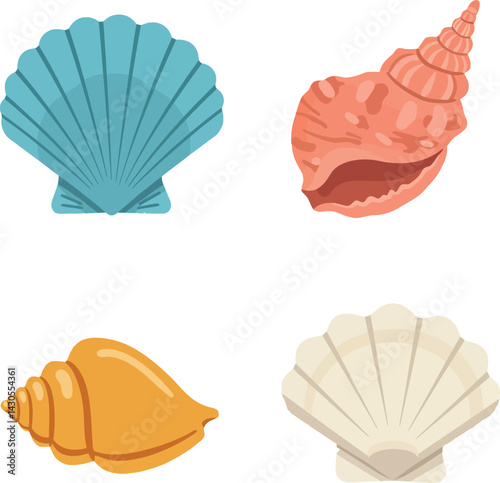 Seashell collection vector illustration with blue, orange, pink, and beige sea shells design 
