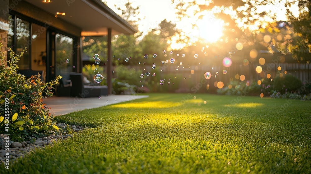Obraz premium A sunlit garden with floating bubbles, showcasing a serene outdoor living space.