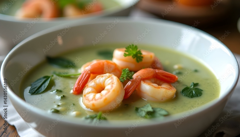 spinach cream soup with shrimp in a white bowls spinach cream soup with shrimp in a white bowls