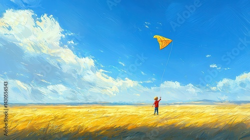 Young child flying a vibrant orange kite in a golden field under a bright blue sky.