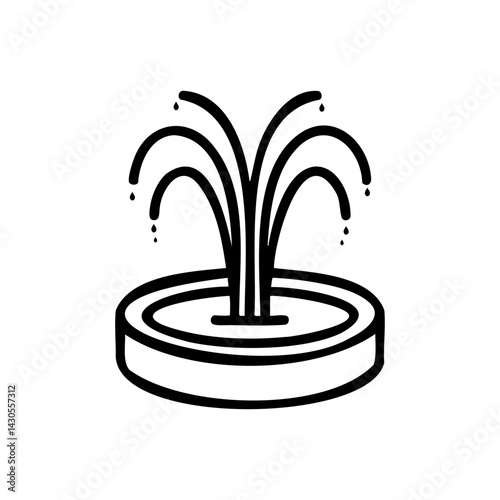 Simple black line icon of a decorative water fountain with upward water streams, symbolizing relaxation, landscape design, and public spaces.