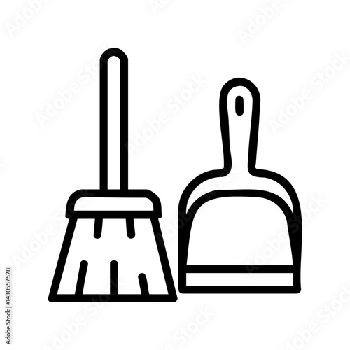 Simple black outline icon of a broom and dustpan set, representing household cleaning tools for sweeping and collecting dust.