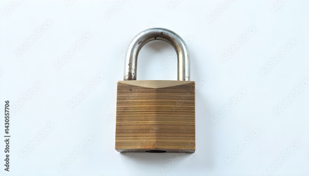 A shiny, new metal padlock hanging from a white painted wooden door, bright daylight, casting a sharp shadow on the door. A shiny, new metal padlock hanging from a white painted wooden door, bright daylight, casting a sharp shadow on the door.