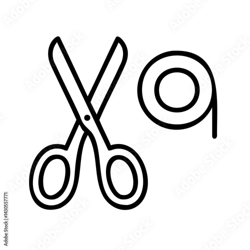 Minimal black line icon of a pair of scissors and a tape roll, symbolizing crafting tools, office supplies, gift wrapping, and everyday stationery.