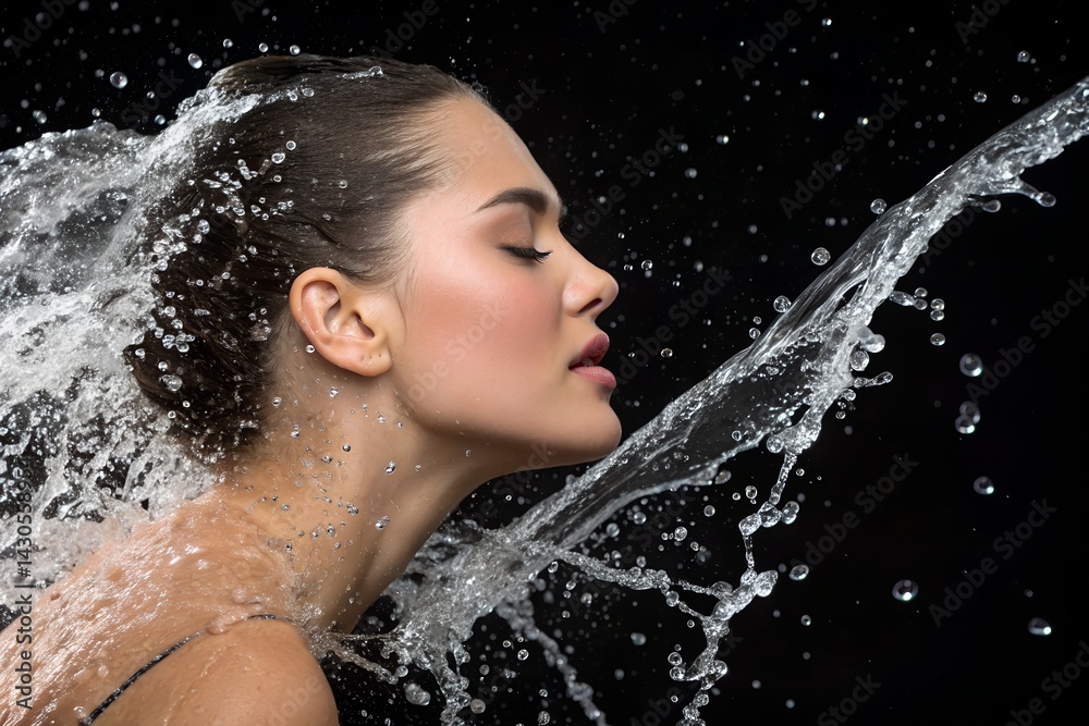 Obraz premium Woman's Face Emerging from Water Splash Against Dark Background