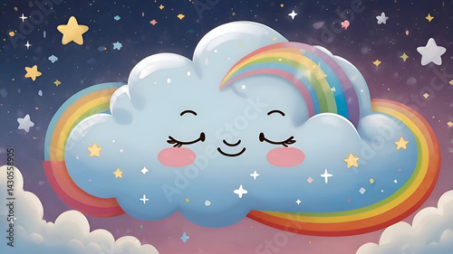 night sky background, Cloud with Rainbow, cat on the sky