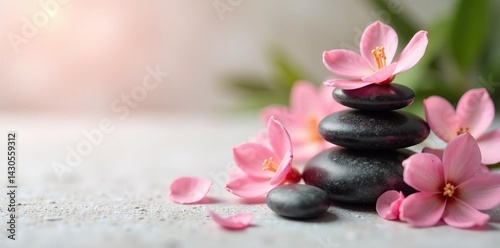 Close-up of spa stones and delicate flower arrangement on a light background, spa stones, beauty, calm