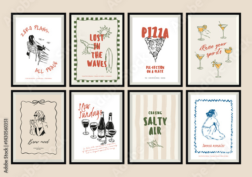 Sketch-style travel art print poster collection. Matisse style art.