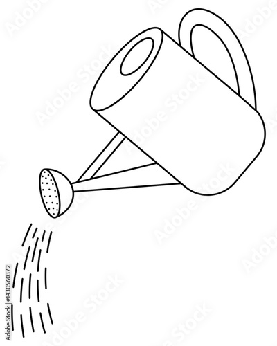 Water pours from a garden watering can. Sketch. Container with water for drip irrigation of plants. Vector illustration. Outline on an isolated white background. Doodle style. Coloring book for kids. 