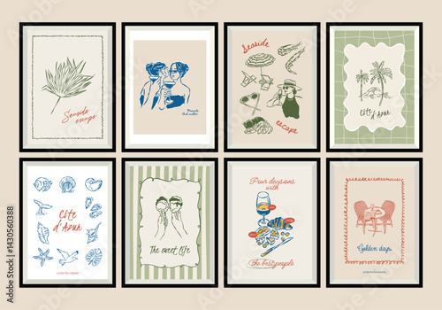 Sketch-style travel art print poster collection. Matisse style art.